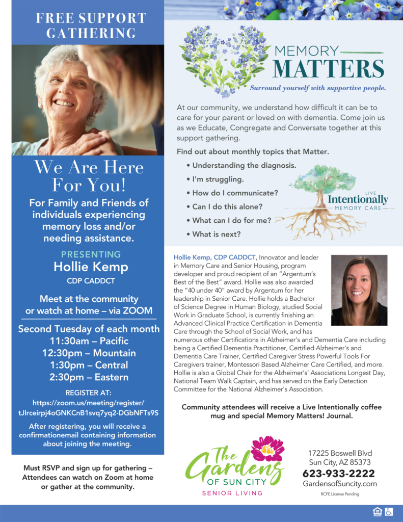 Gardens Sun City Memory Matter support group flyer